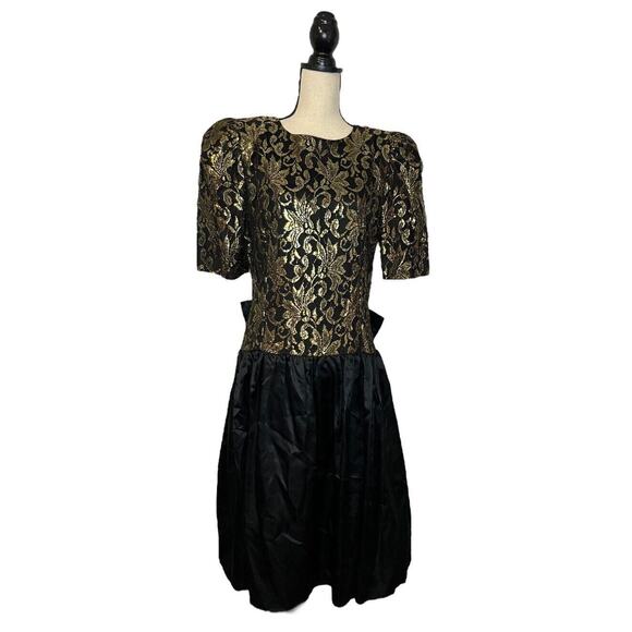 Vintage 90's Dress Miss Dorby Tapestry and Satin Black Gold Dress with Bow Sz 16 - Picture 2 of 6